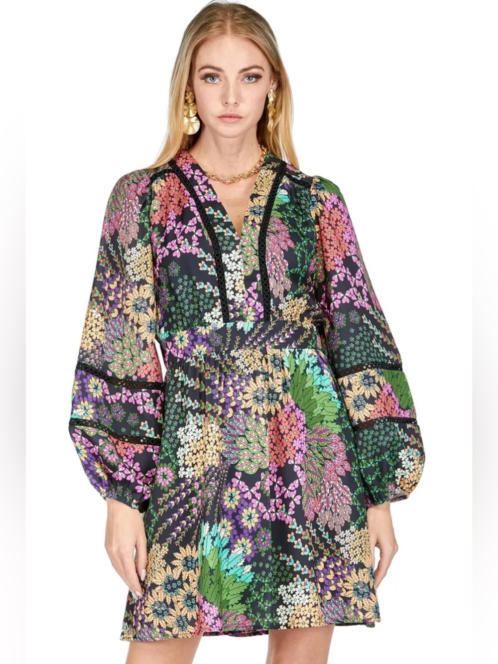 Joy Joy Floral Cinched Waist Puff Sleeve Dress Medium Garden Party